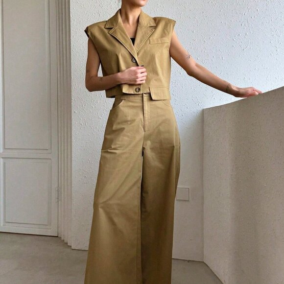 Khaki Casual Women's Turn-Down Collar Batwing Sleeve Top And Wide-Leg Pants Suit - Picture 5 of 9